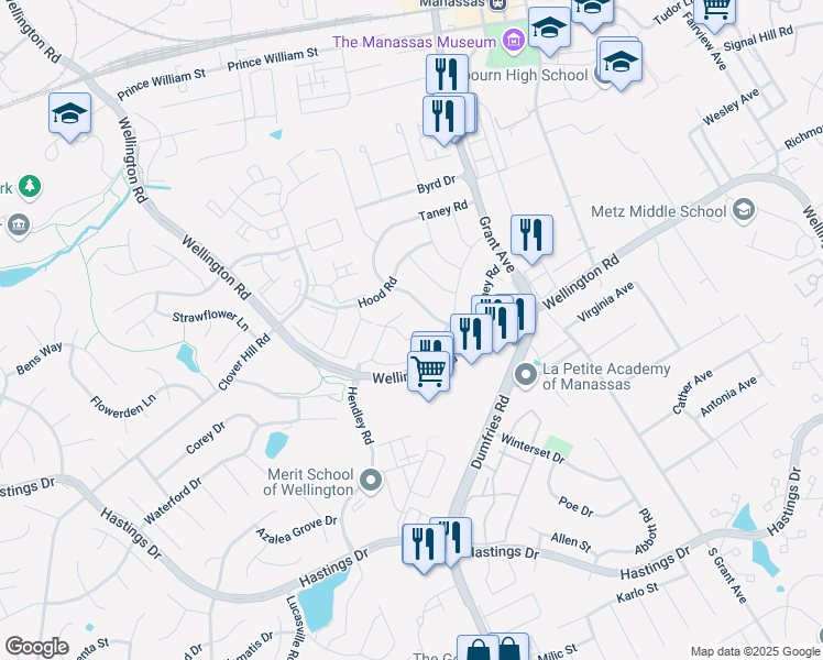map of restaurants, bars, coffee shops, grocery stores, and more near 10339 Gent Court in Manassas
