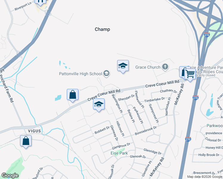 map of restaurants, bars, coffee shops, grocery stores, and more near 2497 Creve Coeur Mill Road in Maryland Heights