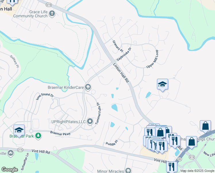 map of restaurants, bars, coffee shops, grocery stores, and more near 9918 Bagpipe Court in Bristow