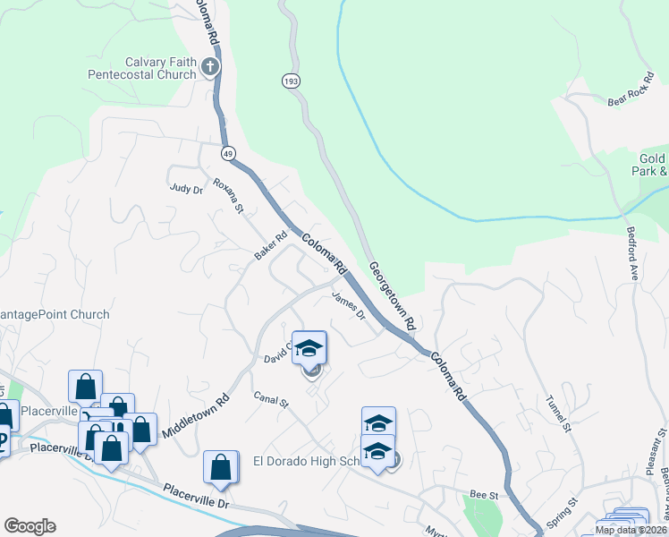 map of restaurants, bars, coffee shops, grocery stores, and more near 2553 California 49 in Placerville