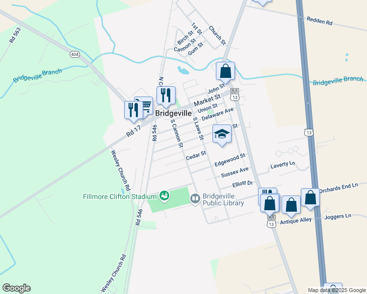 map of restaurants, bars, coffee shops, grocery stores, and more near 311 Walnut Street in Bridgeville