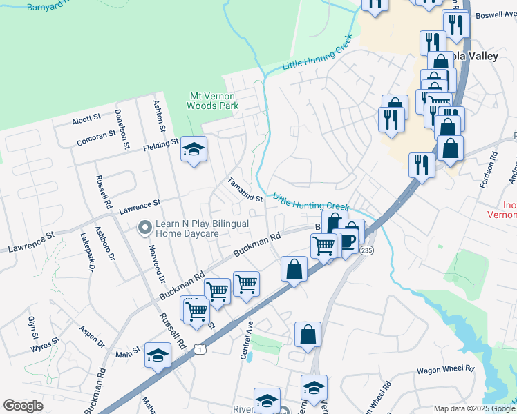 map of restaurants, bars, coffee shops, grocery stores, and more near 3960 Woodhue Place in Alexandria
