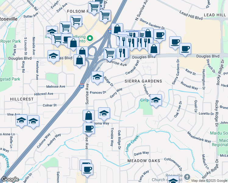 map of restaurants, bars, coffee shops, grocery stores, and more near 501 Oak Ridge Drive in Roseville
