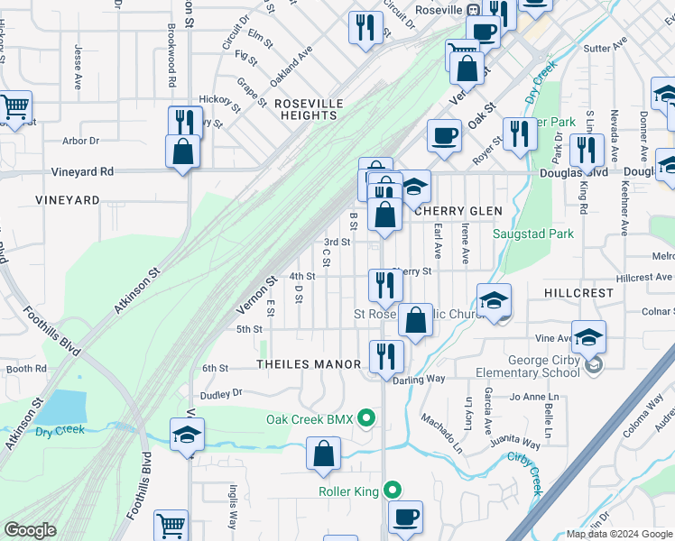 map of restaurants, bars, coffee shops, grocery stores, and more near 206 4th Street in Roseville