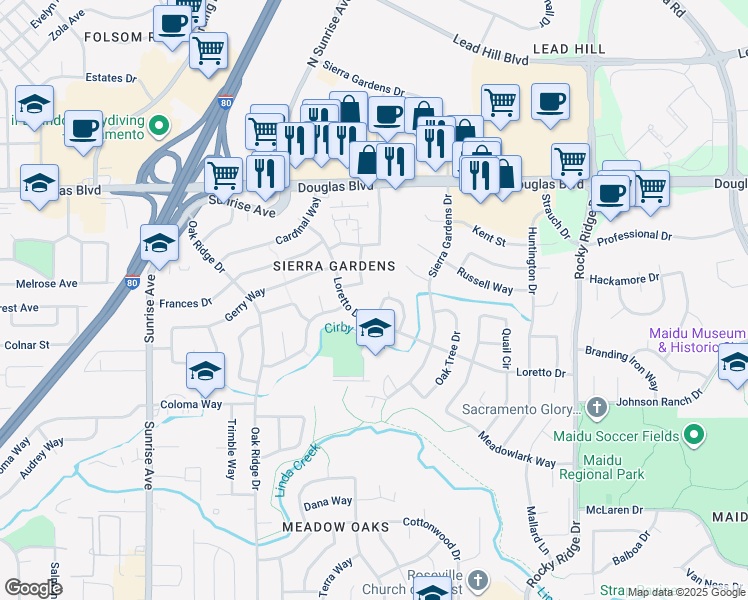 map of restaurants, bars, coffee shops, grocery stores, and more near 1604 Kit Carson Way in Roseville