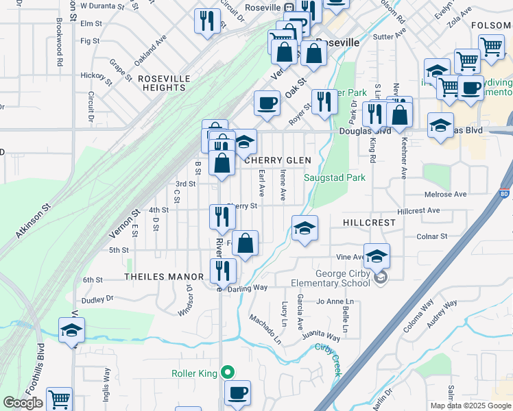 map of restaurants, bars, coffee shops, grocery stores, and more near 211 Cherry Street in Roseville