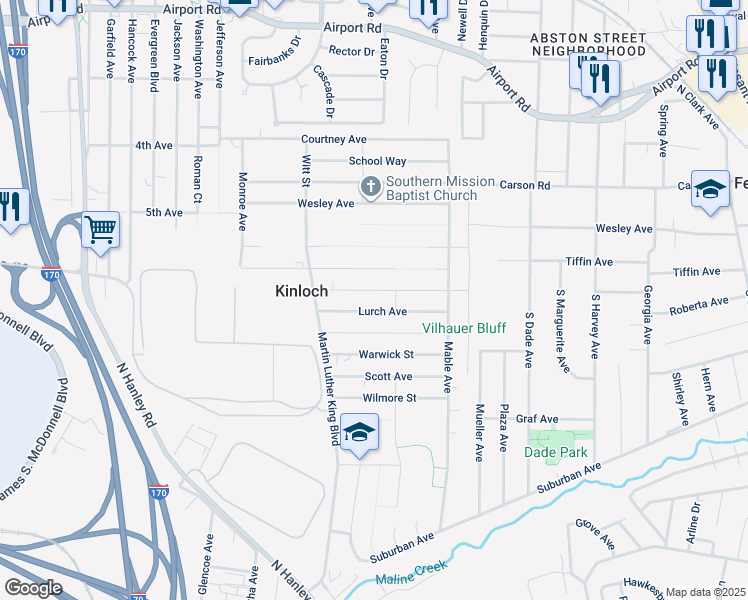 map of restaurants, bars, coffee shops, grocery stores, and more near 8132 Scudder Road in Kinloch