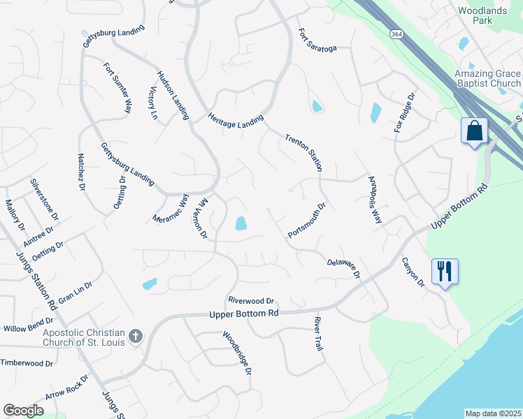 map of restaurants, bars, coffee shops, grocery stores, and more near 2357 Delaware Drive in Saint Charles