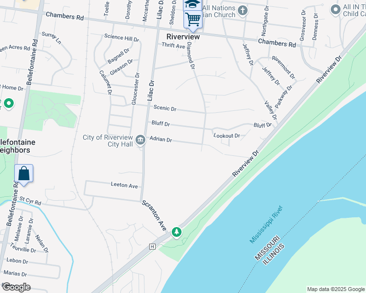 map of restaurants, bars, coffee shops, grocery stores, and more near 432 Adrian Dr in St Louis