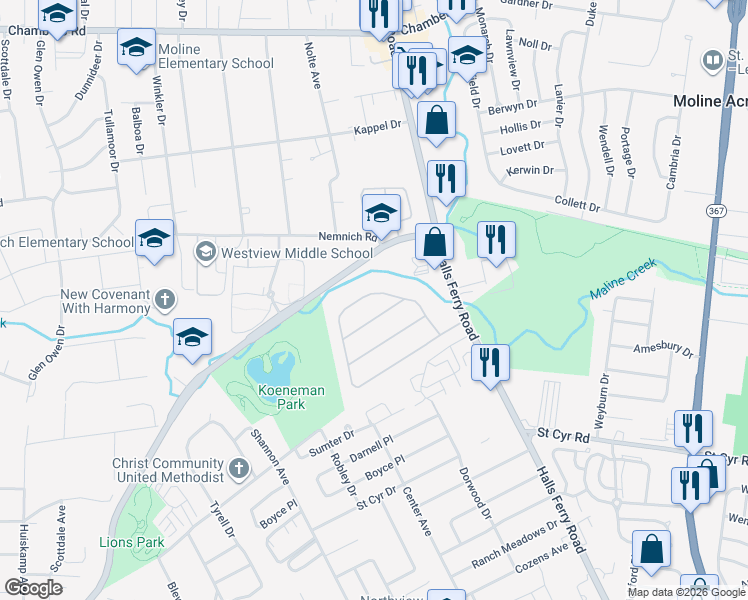 map of restaurants, bars, coffee shops, grocery stores, and more near 2100 Jannette Drive in St. Louis