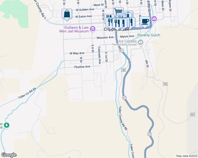 map of restaurants, bars, coffee shops, grocery stores, and more near 124 Whalen Avenue in Cripple Creek