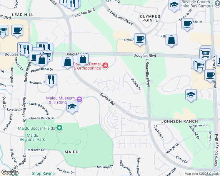 map of restaurants, bars, coffee shops, grocery stores, and more near 1801 Eureka Road in Roseville