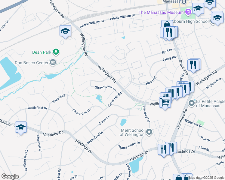 map of restaurants, bars, coffee shops, grocery stores, and more near 9378 Cloudberry Way in Manassas