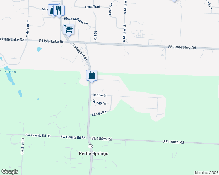 map of restaurants, bars, coffee shops, grocery stores, and more near 15 Southeast 130 Road in Warrensburg