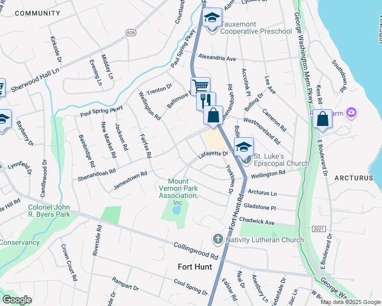 map of restaurants, bars, coffee shops, grocery stores, and more near 8008 Hamilton Lane in Alexandria
