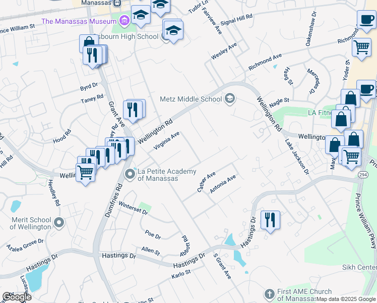 map of restaurants, bars, coffee shops, grocery stores, and more near 8907 Virginia Avenue in Manassas