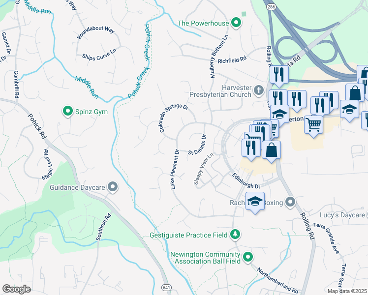 map of restaurants, bars, coffee shops, grocery stores, and more near 7936 Saint Dennis Drive in Springfield