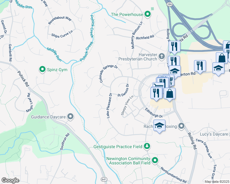 map of restaurants, bars, coffee shops, grocery stores, and more near 7936 Saint Dennis Drive in Springfield