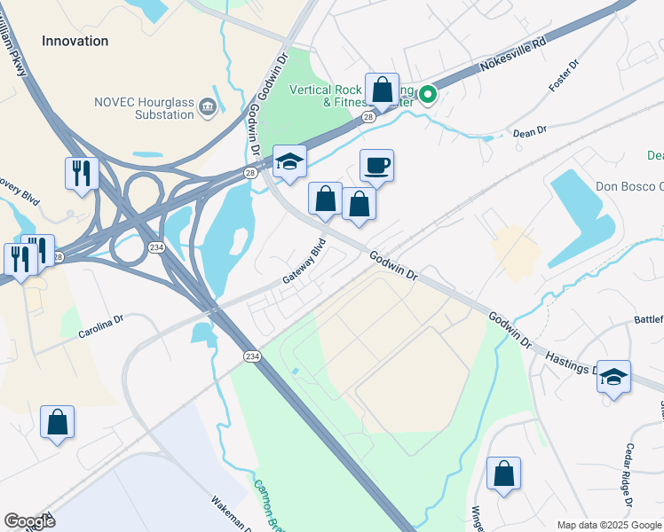 map of restaurants, bars, coffee shops, grocery stores, and more near 10437 Ratcliffe Trail in Manassas
