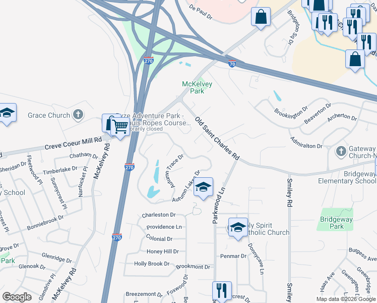 map of restaurants, bars, coffee shops, grocery stores, and more near 3101 Autumn Shores Drive in Maryland Heights