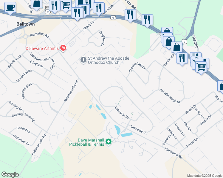 map of restaurants, bars, coffee shops, grocery stores, and more near 274 Lakeside Drive in Lewes