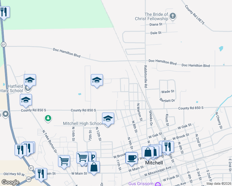 map of restaurants, bars, coffee shops, grocery stores, and more near 1330 West Crandall Street in Mitchell