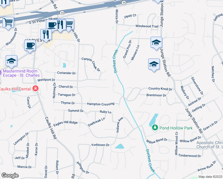 map of restaurants, bars, coffee shops, grocery stores, and more near 3234 Country Knoll Drive in Saint Charles