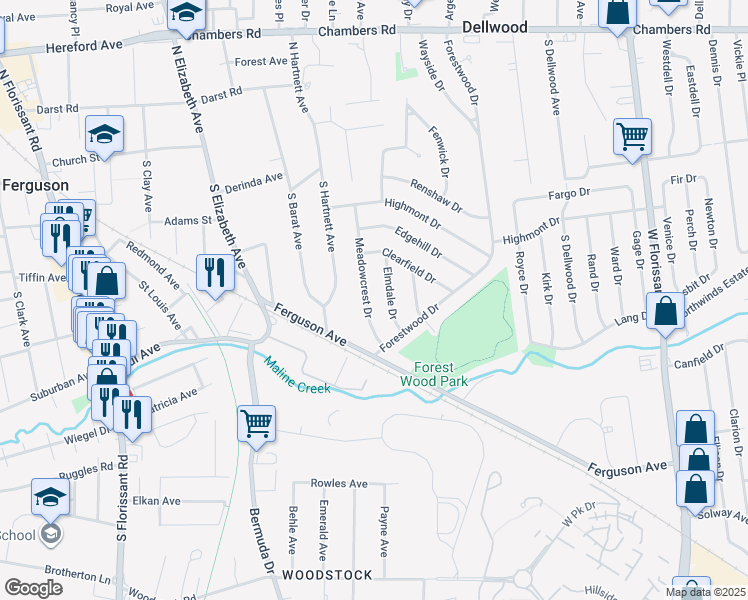 map of restaurants, bars, coffee shops, grocery stores, and more near 278 Meadowcrest Drive in Ferguson
