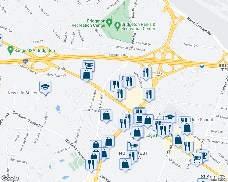 map of restaurants, bars, coffee shops, grocery stores, and more near 11325 Saint Charles Rock Road in Bridgeton