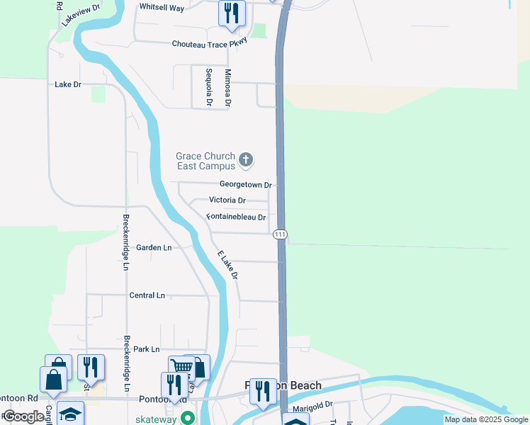 map of restaurants, bars, coffee shops, grocery stores, and more near 6 Eastgate Drive in Pontoon Beach