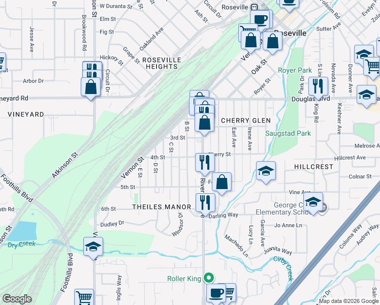 map of restaurants, bars, coffee shops, grocery stores, and more near 219 B Street in Roseville