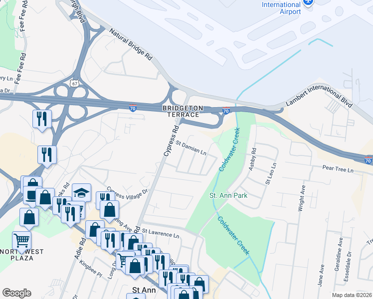 map of restaurants, bars, coffee shops, grocery stores, and more near 11258 Saint Damian Lane in Saint Ann