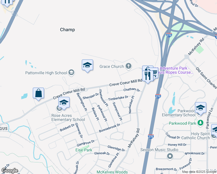 map of restaurants, bars, coffee shops, grocery stores, and more near 12280 Creve Coeur Ridge Court in Maryland Heights