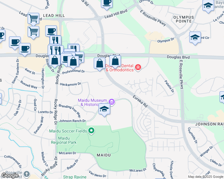map of restaurants, bars, coffee shops, grocery stores, and more near 1801 Eureka Road in Roseville