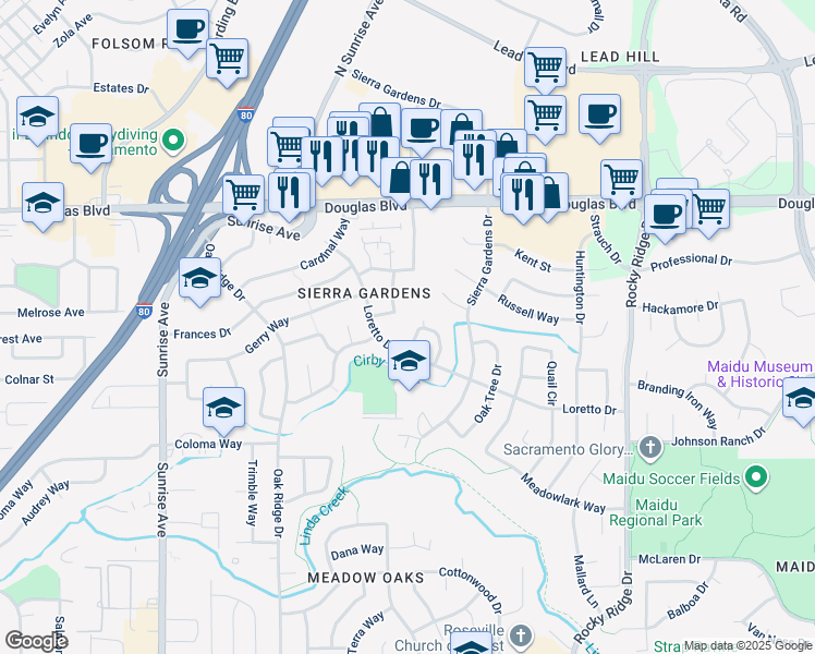 map of restaurants, bars, coffee shops, grocery stores, and more near 1604 Kit Carson Way in Roseville