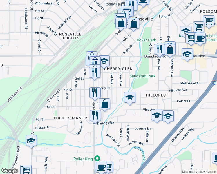 map of restaurants, bars, coffee shops, grocery stores, and more near 211 Cherry Street in Roseville