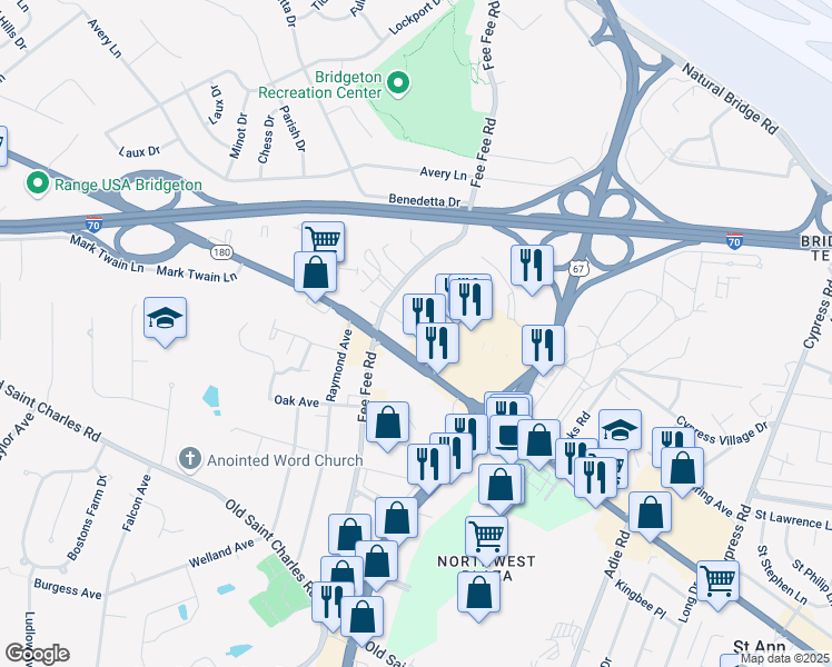 map of restaurants, bars, coffee shops, grocery stores, and more near 11325 Saint Charles Rock Road in Bridgeton