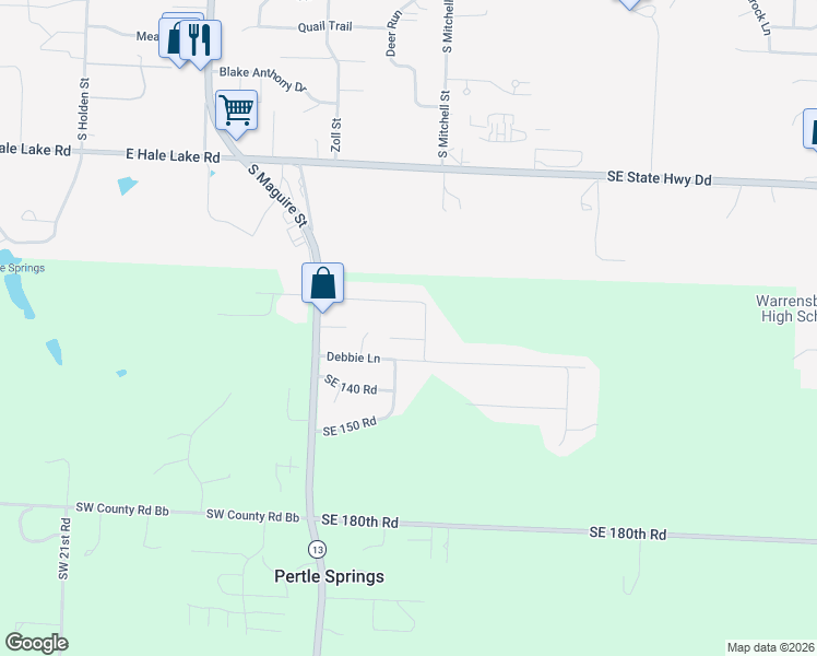 map of restaurants, bars, coffee shops, grocery stores, and more near 15 Southeast 130 Road in Warrensburg