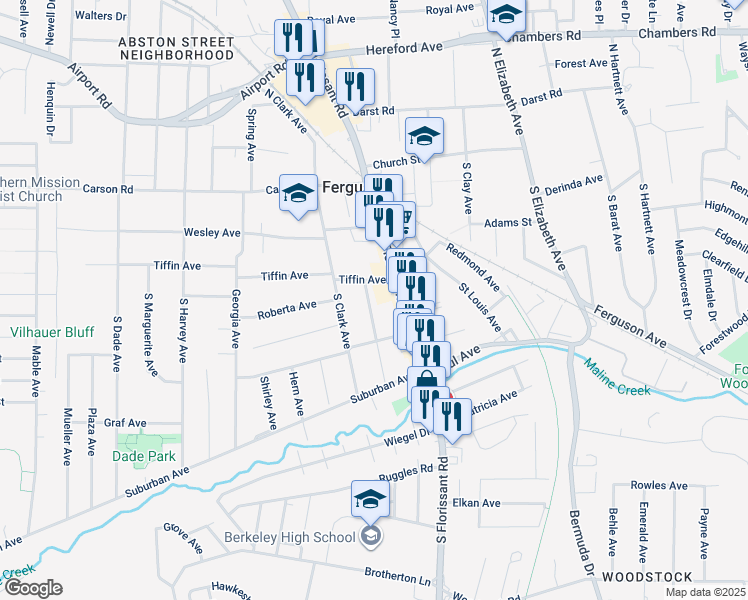map of restaurants, bars, coffee shops, grocery stores, and more near 216 Harrison Avenue in Ferguson