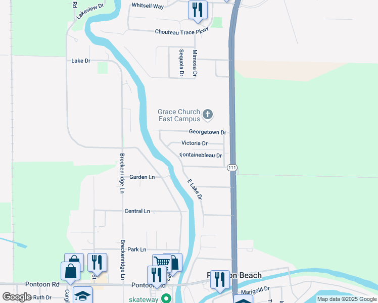 map of restaurants, bars, coffee shops, grocery stores, and more near 23 Fontainebleau Drive in Pontoon Beach