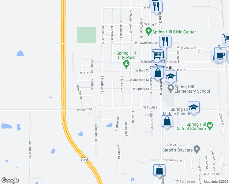 map of restaurants, bars, coffee shops, grocery stores, and more near 402 South Franklin Street in Spring Hill