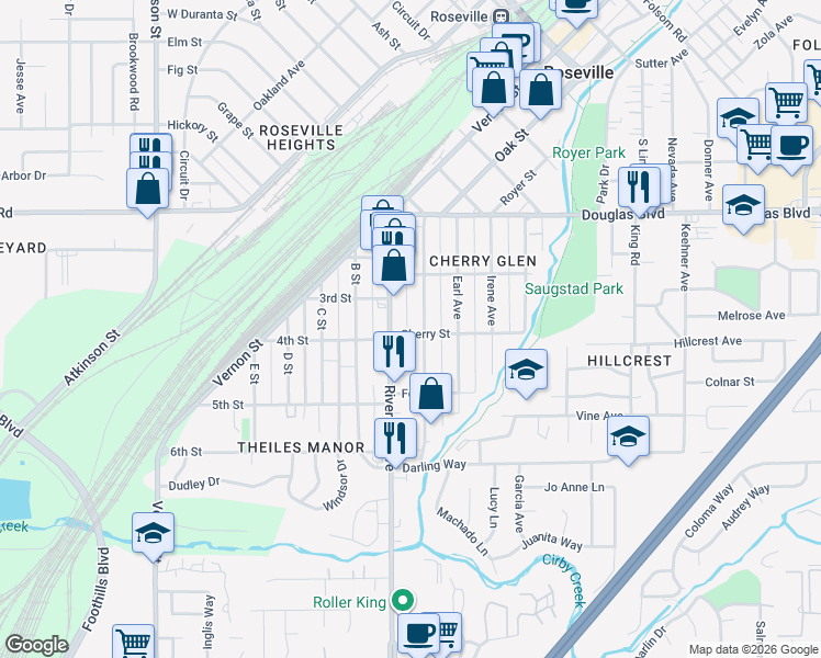 map of restaurants, bars, coffee shops, grocery stores, and more near 111 Cherry Street in Roseville