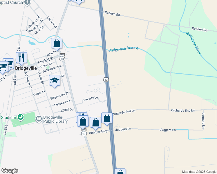 map of restaurants, bars, coffee shops, grocery stores, and more near U.S. 13 in Bridgeville