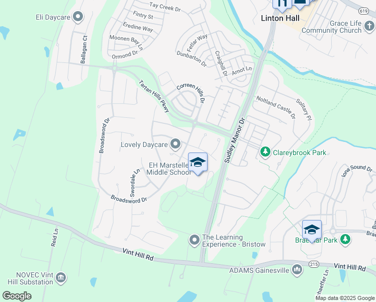 map of restaurants, bars, coffee shops, grocery stores, and more near 9923 Broadsword Drive in Bristow
