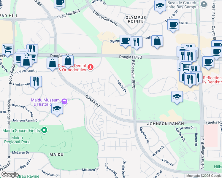 map of restaurants, bars, coffee shops, grocery stores, and more near 231 Doulton Court in Roseville
