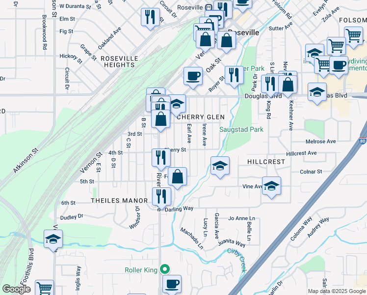 map of restaurants, bars, coffee shops, grocery stores, and more near 211 Cherry Street in Roseville