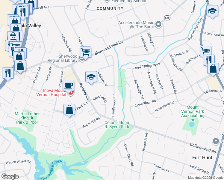 map of restaurants, bars, coffee shops, grocery stores, and more near 8004 Candlewood Drive in Alexandria