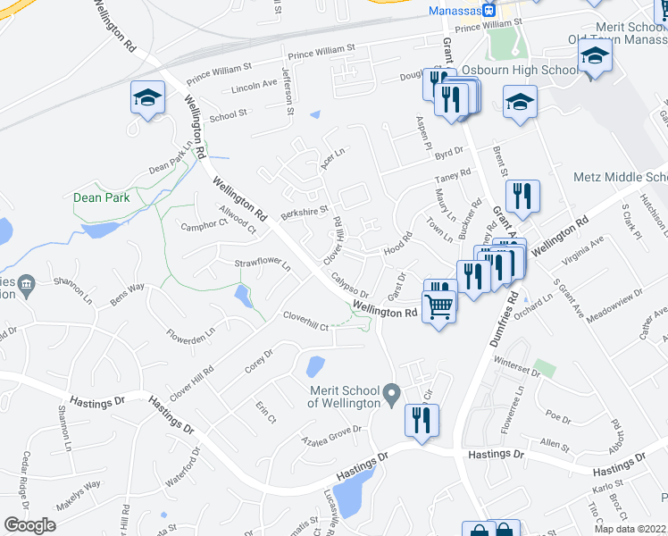map of restaurants, bars, coffee shops, grocery stores, and more near 10205 Calypso Drive in Manassas