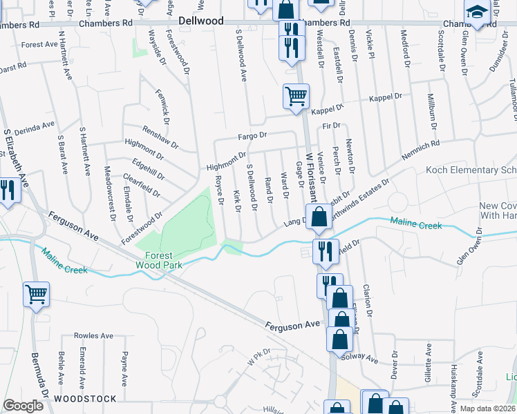 map of restaurants, bars, coffee shops, grocery stores, and more near 318 South Dellwood Avenue in Ferguson