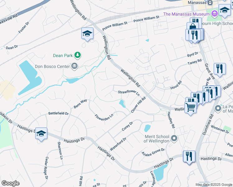 map of restaurants, bars, coffee shops, grocery stores, and more near 10154 Strawflower Lane in Manassas